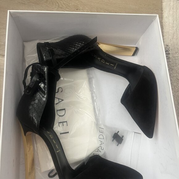 Casadei Pump Ankle Wrap Black Suede Leather Gold Heel - Picture 6 of 7